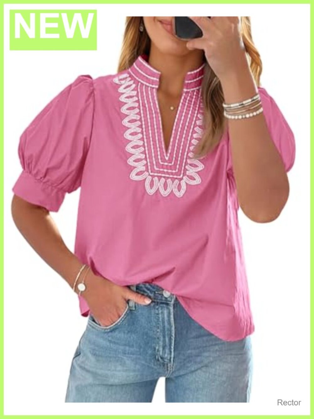 Women's Puff Short Sleeve V-Neck Embroidered Blouse Boutique Top